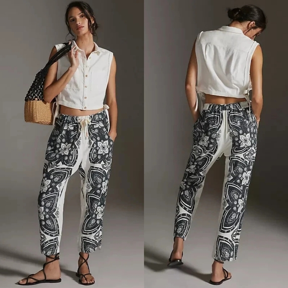 Anthropologie Pants - Pilcro Surf Linen Paisley Pants Women’s XS Anthropologie Drawstring Black White